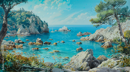 A scenic view of a rocky shoreline in a tranquil blue