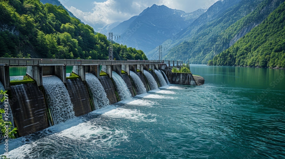 Innovative hydroelectric power facility in a natural landscape, illustrating the integration of technology and nature in sustainable energy Innovative hydroelectric power facility in a natural landscape, illustrating the integration of technology and nature in sustainable energy