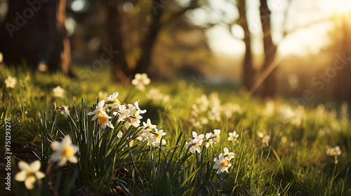 
white daffodils blossom in grassy woodland under light spring sunshine