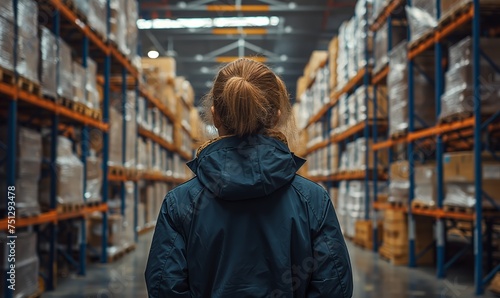 Rear view of a woman in a warehouse.