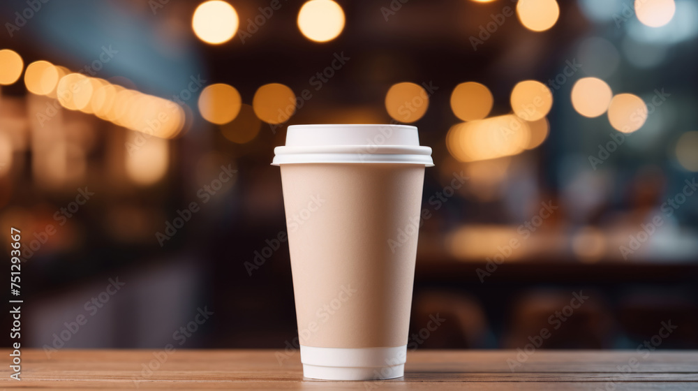 Paper cup of coffee on a wooden table in a coffee shop. Space for text and design. Paper cup of coffee on a wooden table in a coffee shop. Space for text and design.