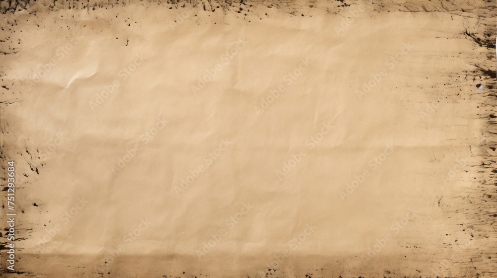 Sheet of aged paper stained with black ink, background, copy space.