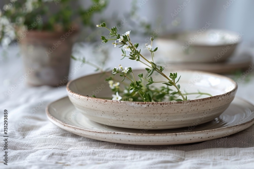Elegant ceramic tableware set with a sprig of blooming thyme on a linen cloth. Table setting concept with a natural and organic aesthetic. Design for home decor blog Elegant ceramic tableware set with a sprig of blooming thyme on a linen cloth. Table setting concept with a natural and organic aesthetic. Design for home decor blog