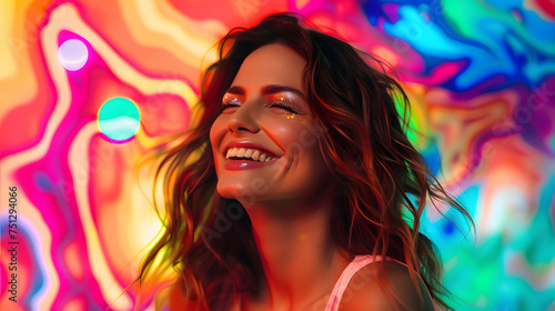 A portrait of a beautiful smiling woman with glowing skin  in front of colorful abstract background. 