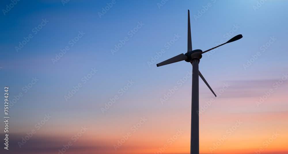 Windmill Sustainable Power Field Generator Electricity on Sunset Nature, Eco System Ecology Production Alternative Technology Industrial Innovation Turbine Electric Environment Green Clean Carbon.