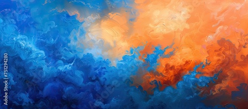 This abstract painting showcases a vivid blend of blue and orange clouds, creating a striking contrast in the sky. The vibrant blue hues intertwine with the lively orange tones, forming a mesmerizing