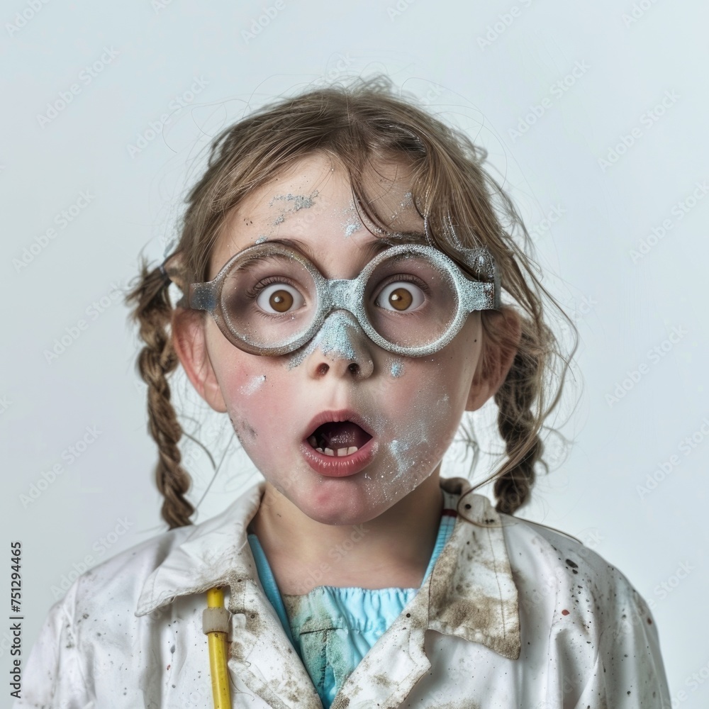 an 8-year-old girl, face is smeared with soot, very surprised, wearing glasses, in a scientist's costume, white background. an 8-year-old girl, face is smeared with soot, very surprised, wearing glasses, in a scientist's costume, white background.