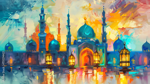 Abstract oil painting hand painting of mosque, Ramadan Kareem