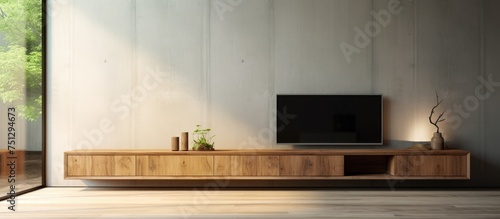 A wooden shelf in a living room displaying a television set against an empty wall. The room appears organized and functional, with the television acting as the focal point of the space.