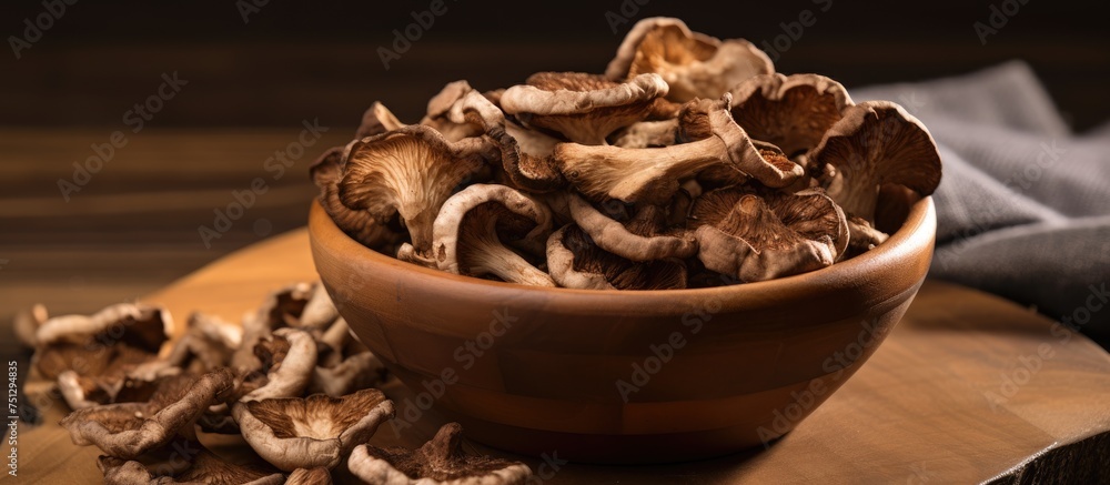A wooden bowl on top of a wooden cutting board, filled with an assortment of mushrooms. The mushrooms are neatly arranged and ready for cooking or snacking. The scene exudes a rustic charm with the A wooden bowl on top of a wooden cutting board, filled with an assortment of mushrooms. The mushrooms are neatly arranged and ready for cooking or snacking. The scene exudes a rustic charm with the