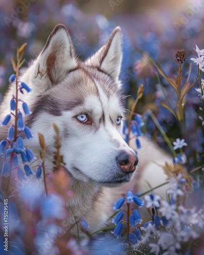 Captivating American Grey Husky Amidst Springtime Blooms - Portrait Generative AI photo