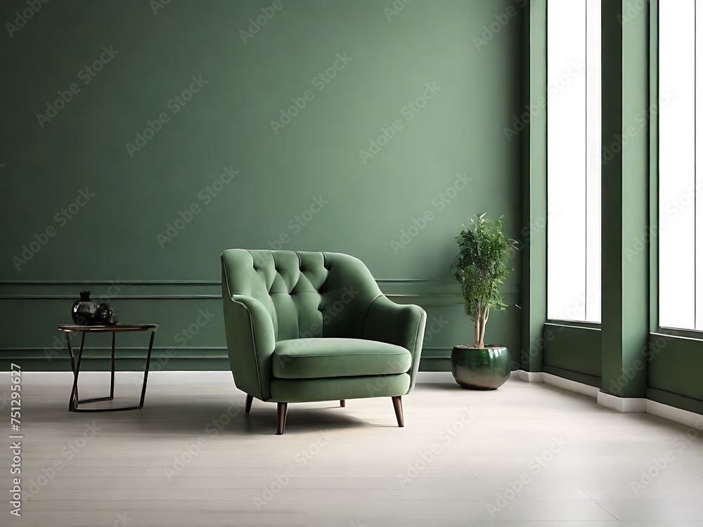 The interior has a green armchair on empty white wall background, green sofa, 3D rendering. generative ai The interior has a green armchair on empty white wall background, green sofa, 3D rendering. generative ai