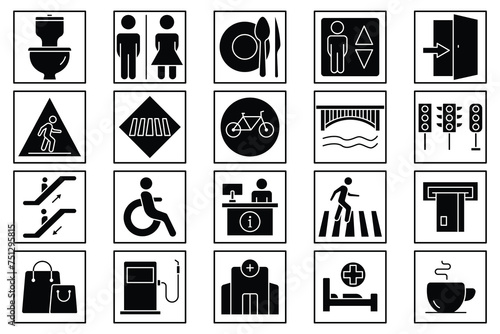 public navigation icon set. toilet, food court, elevator, information desk, atm, etc. solid icon style. navigation vector illustration photo