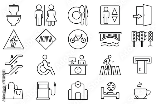 public navigation icon set. toilet, food court, elevator, information desk, atm, etc. line icon style. navigation vector illustration