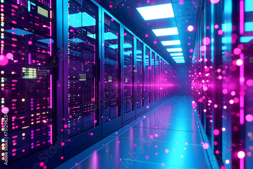 Server room with neon high contrast lighting. Neural network generated image. Not based on any actual scene or pattern.