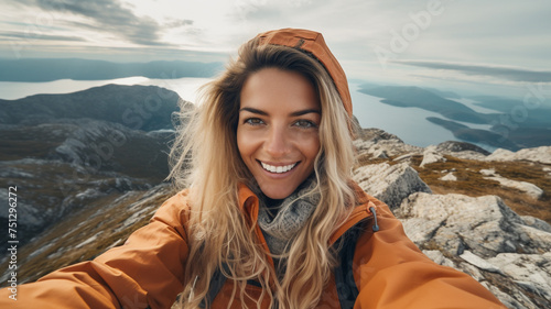 woman tourist taking selfie on the top of mountain