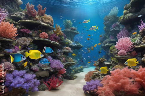 Underwater coral reef landscape with colorful fish. The concept of Earth Day.