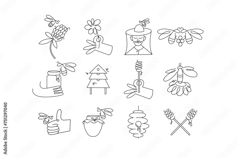 Vector design templates badges. Organic and eco honey labels and tags with bees. Linear style
