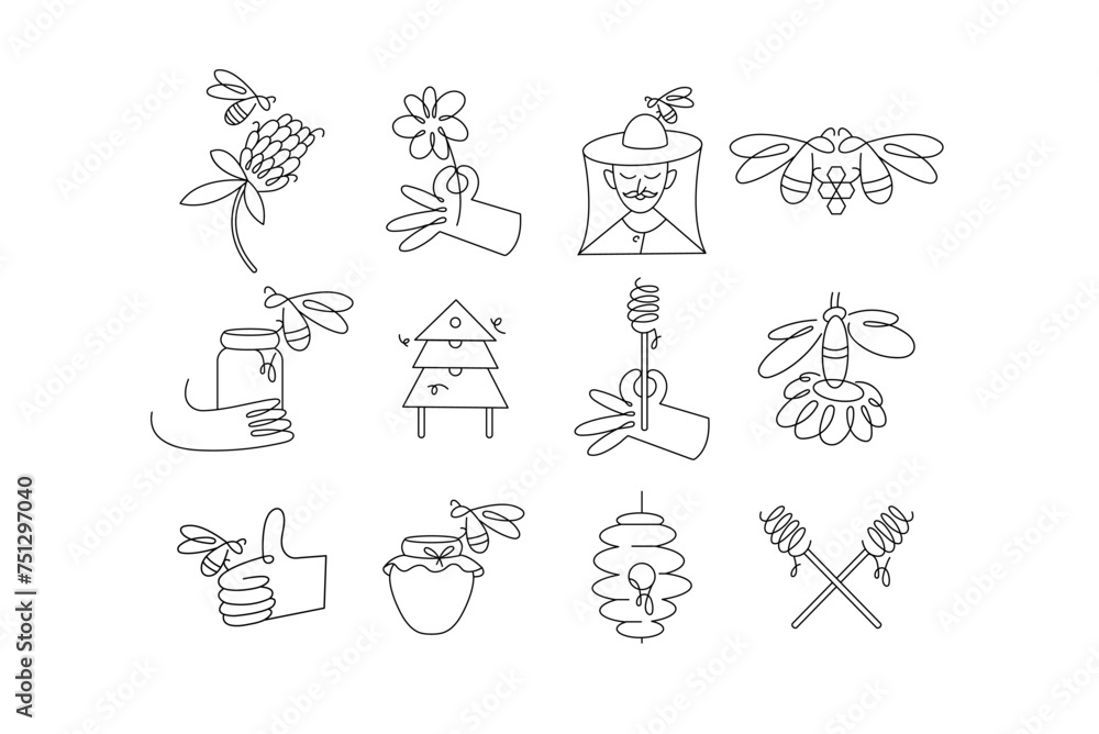 Vector design templates badges. Organic and eco honey labels and tags with bees. Linear style Vector design templates badges. Organic and eco honey labels and tags with bees. Linear style