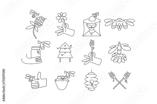 Vector design templates badges. Organic and eco honey labels and tags with bees. Linear style