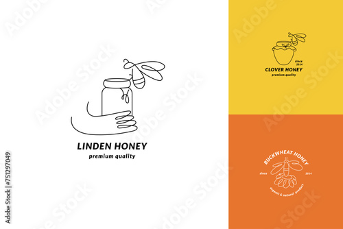 Vector set illustration logos and design templates or badges. Organic and eco honey labels and tags with bees. Linear style