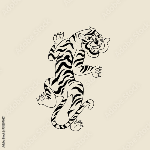Vector line illustration tiger walking. Cartoon animal character. Ideal for print