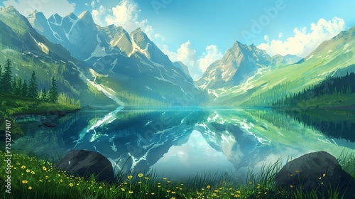 Majestic mountain peaks reflected in a tranquil lake  framed by untouched nature and a radiant blue sky.