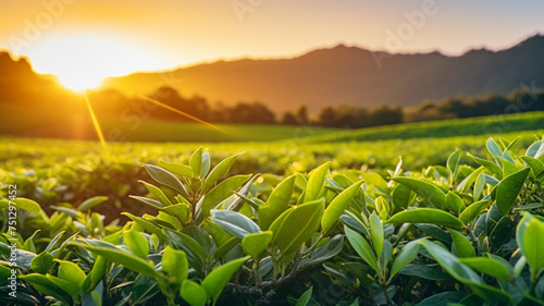 Lush green tea plantation with beautiful sunrise