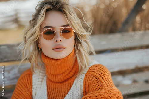 Close-up portrait of cute pensive girl with shiny curls looking away on yellow background. Indoor photo of romantic female model in glasses and knitted sweater thinking about something.Ai
