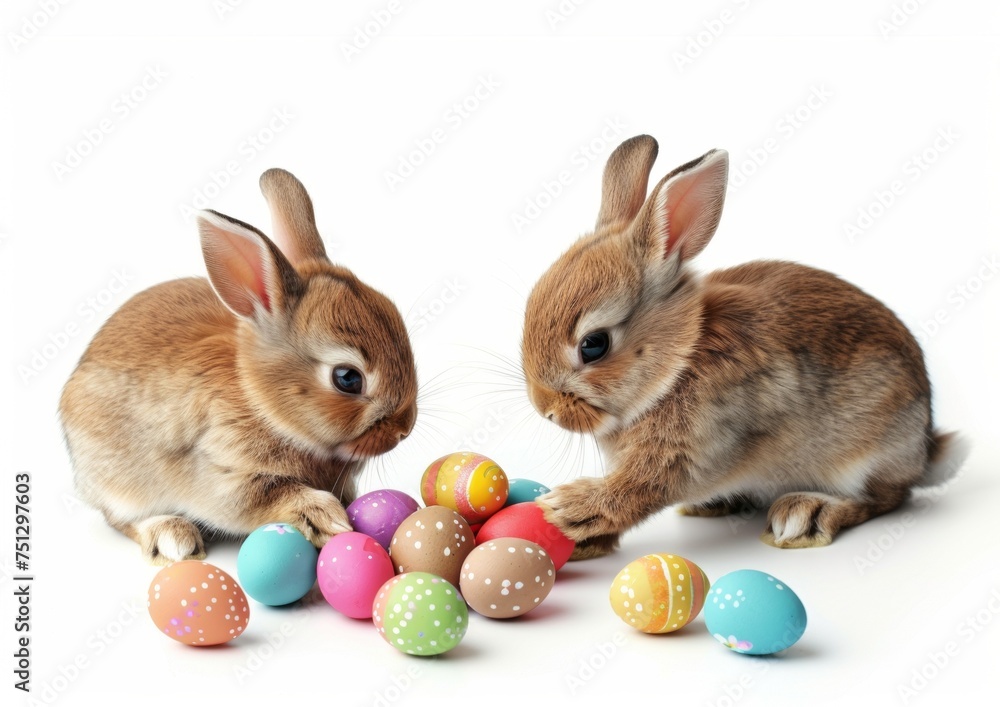 Bunnies counting easter eggs, isolated on white background