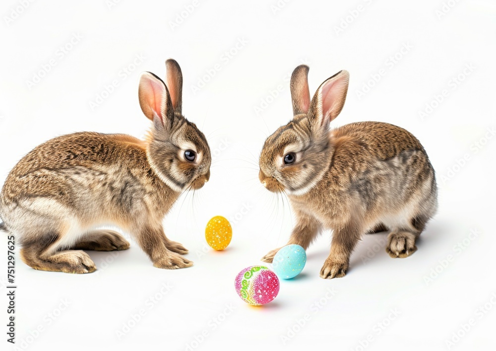 Fototapeta premium Bunnies counting easter eggs, isolated on white background