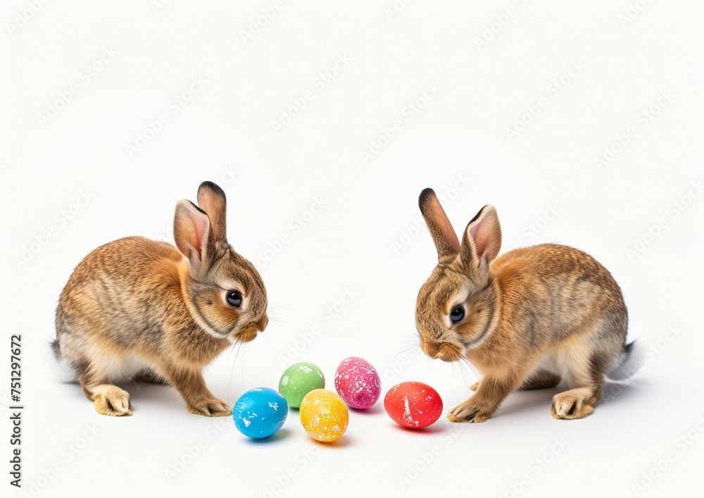 Fototapeta premium Bunnies counting easter eggs, isolated on white background