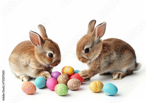 Bunnies counting easter eggs, isolated on white background