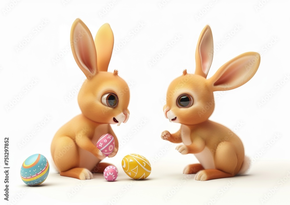 Obraz premium Bunnies counting easter eggs, isolated on white background