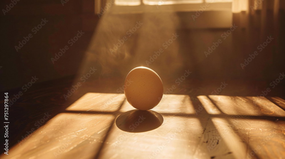An egg on brown table with backlight setup - obrazy, fototapety, plakaty 