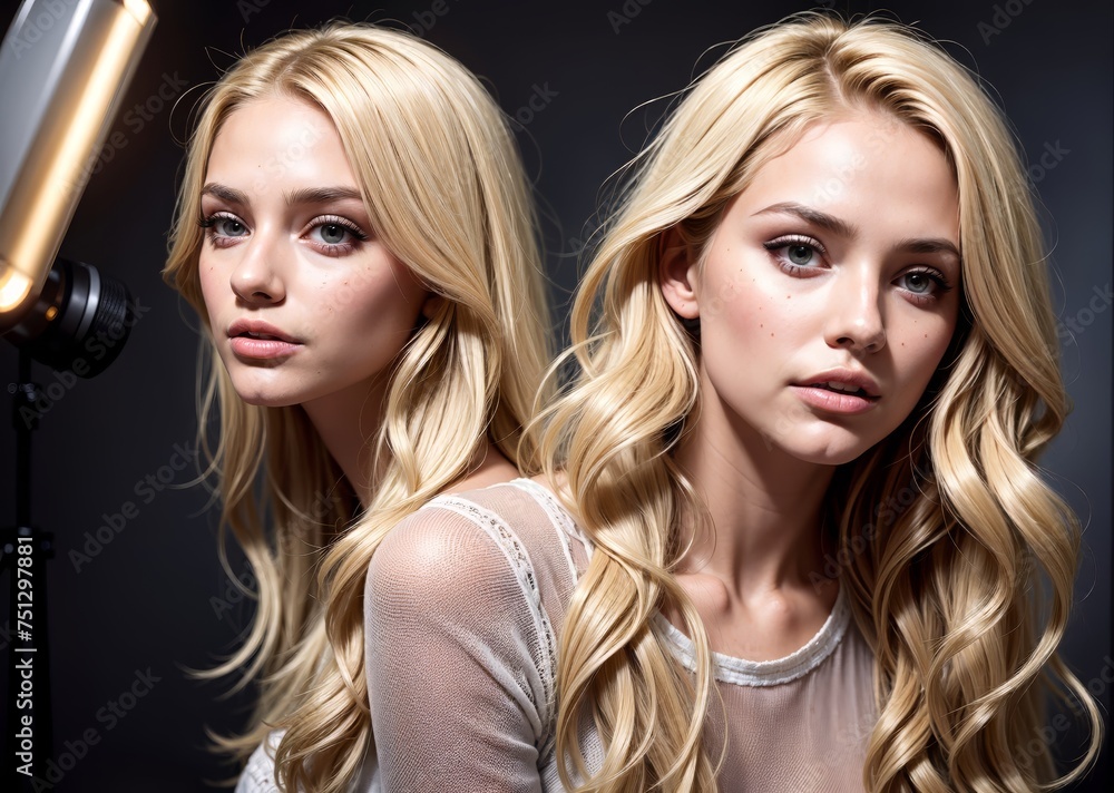 In a photorealistic painting, a woman with blonde hair and blue eyes is depicted posing for a picture in a studio setting, illuminated by a spotlight on her face. The artwork portrays a realistically In a photorealistic painting, a woman with blonde hair and blue eyes is depicted posing for a picture in a studio setting, illuminated by a spotlight on her face. The artwork portrays a realistically