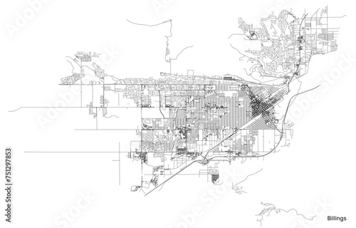 Billings city map with roads and streets, United States. Vector outline illustration.