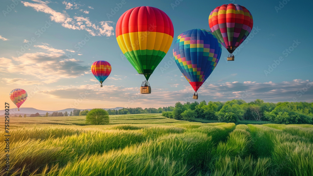 Obraz premium Colorful hot air balloons flying over green field