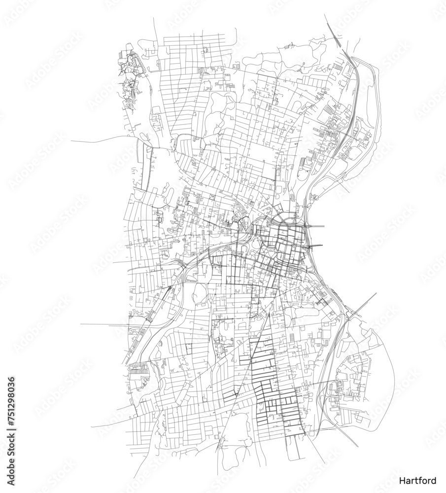 Hartford city map with roads and streets, United States. Vector outline illustration.