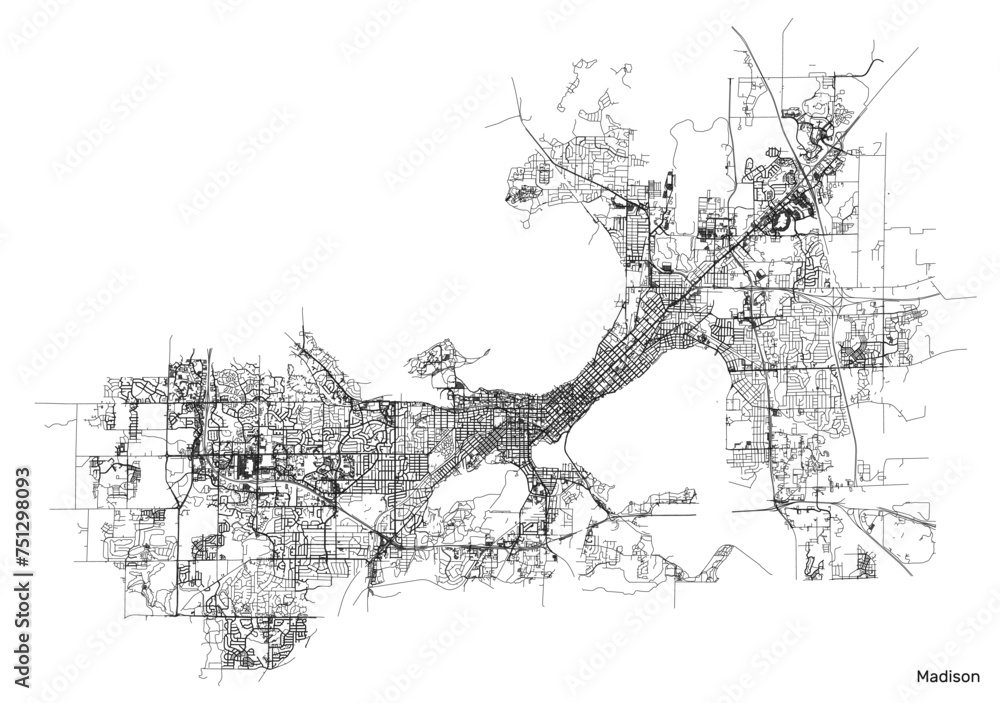 Fototapeta premium Madison city map with roads and streets, United States. Vector outline illustration.