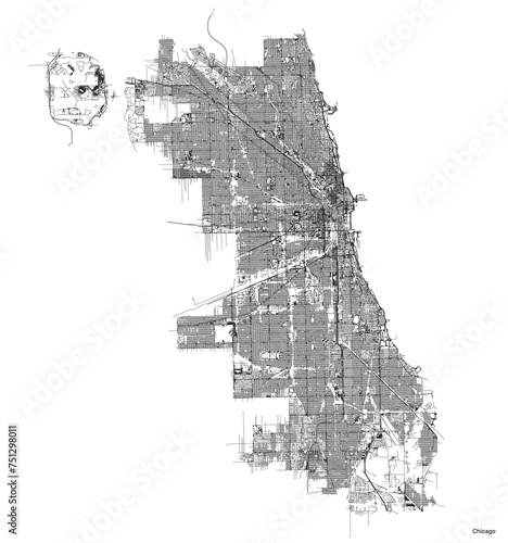 Chicago city map with roads and streets, United States. Vector outline illustration.
