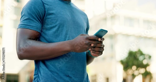 Phone, search and hands of fitness man in a city with online map, guide or checking running route for training closeup. Smartphone, google it or male runner with app for travel, navigation or workout photo