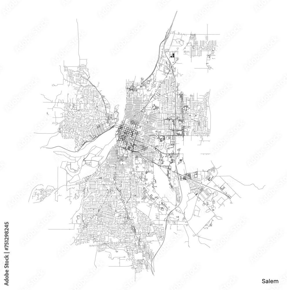 Salem city map with roads and streets, United States. Vector outline illustration.