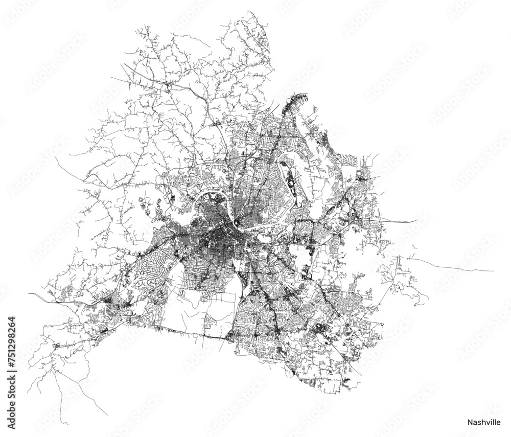 Nashville city map with roads and streets, United States. Vector ...