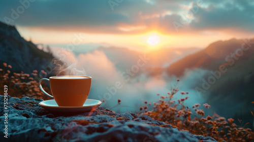 Sunrise coffee on a mountain vista realistic steam and rich colors