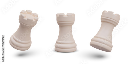 White chess rook in vertical and tilted position. Templates for designing arrangement