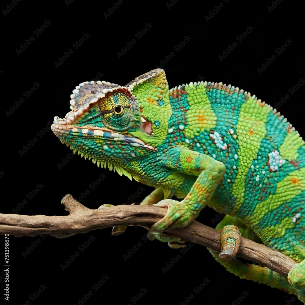 Obraz premium realistic multicolored chameleon with iridescent skin in speckles over black background