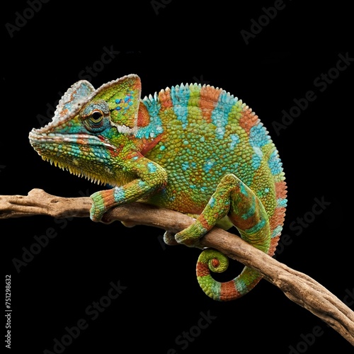 realistic multicolored chameleon with iridescent skin in speckles over black background © Valentin