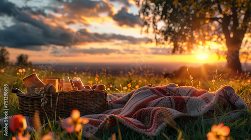 Picnic at sunset realistic cozy blankets and baskets golden hour photo