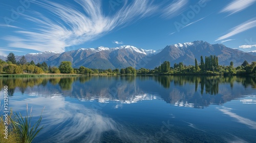 Majestic mountain peaks reflected in a tranquil lake, framed by untouched nature and a radiant blue sky.